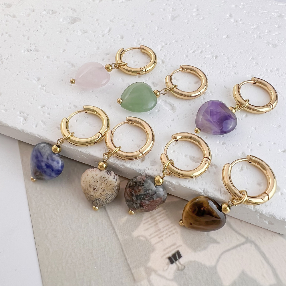 Natural Stone Heart-Shaped Earrings: 2024 New Minimalist Dangle Earrings—Sweet Heart-Shaped Earrings