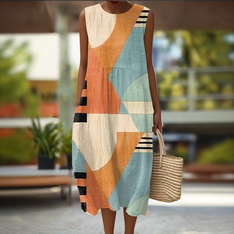 New Amazon Summer Sleeveless Pocket Casual Printed Long Dress Slim Fresh Style
