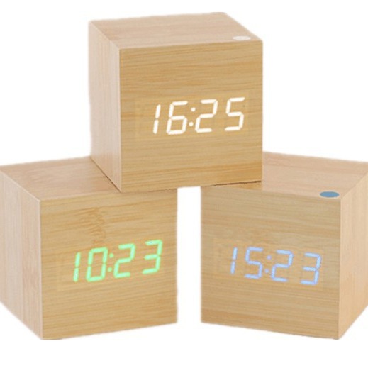 Mini Wooden Clock LED Electronic Clock, Wooden Alarm Clock, Voice-Activated Night Light, Bedside Desktop Clock for Students