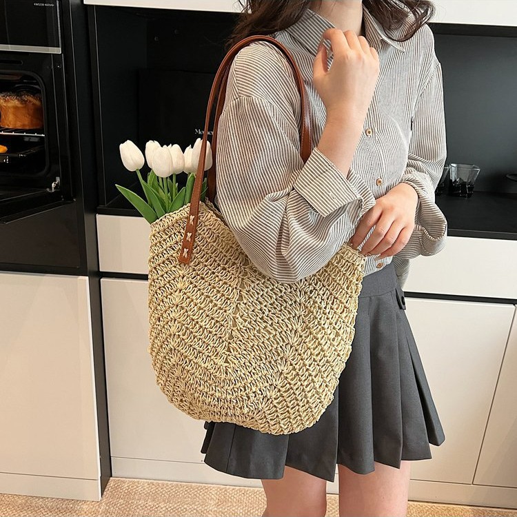 Paper Rope Straw Bag Women's Handwoven Beach Bag Large Capacity Single Shoulder Tote Bag Women's Bag Casual