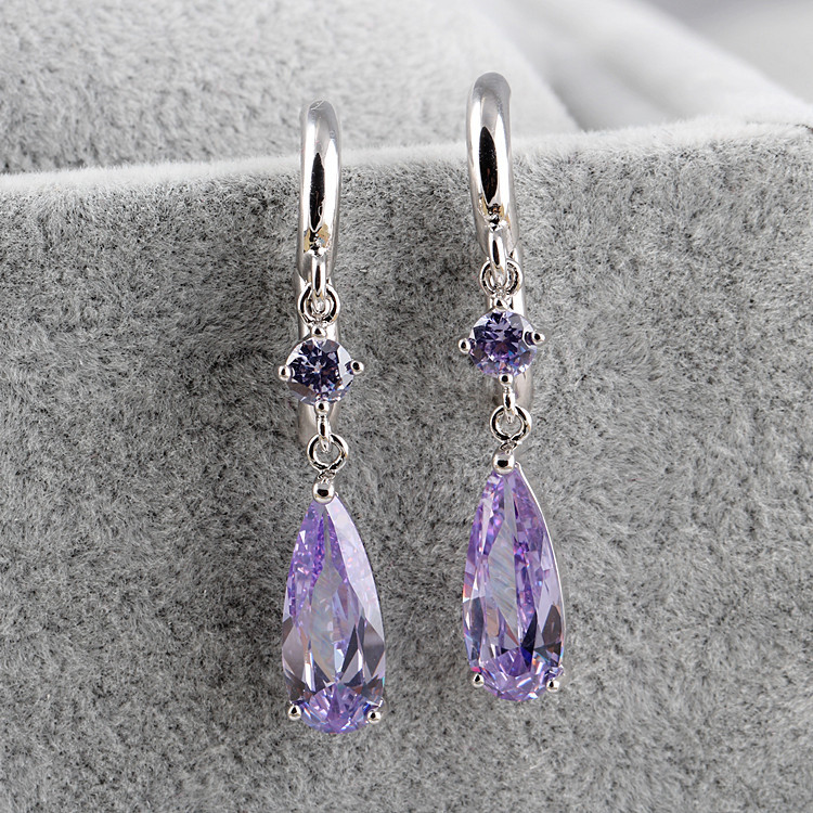 Clear Colorful Zirconia Long Teardrop AAA Zirconia Earrings Fresh Simple Ear Clip Earrings Violet