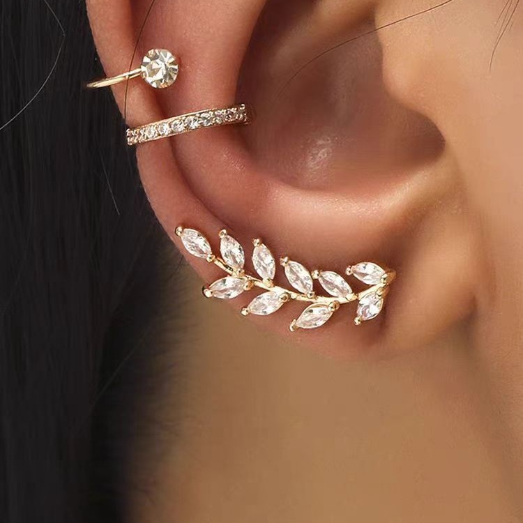 Zircon Wheat Ear Integrated Ear Cuff Earring Sparkling Leaf Ear Buckle Ear Jewelry