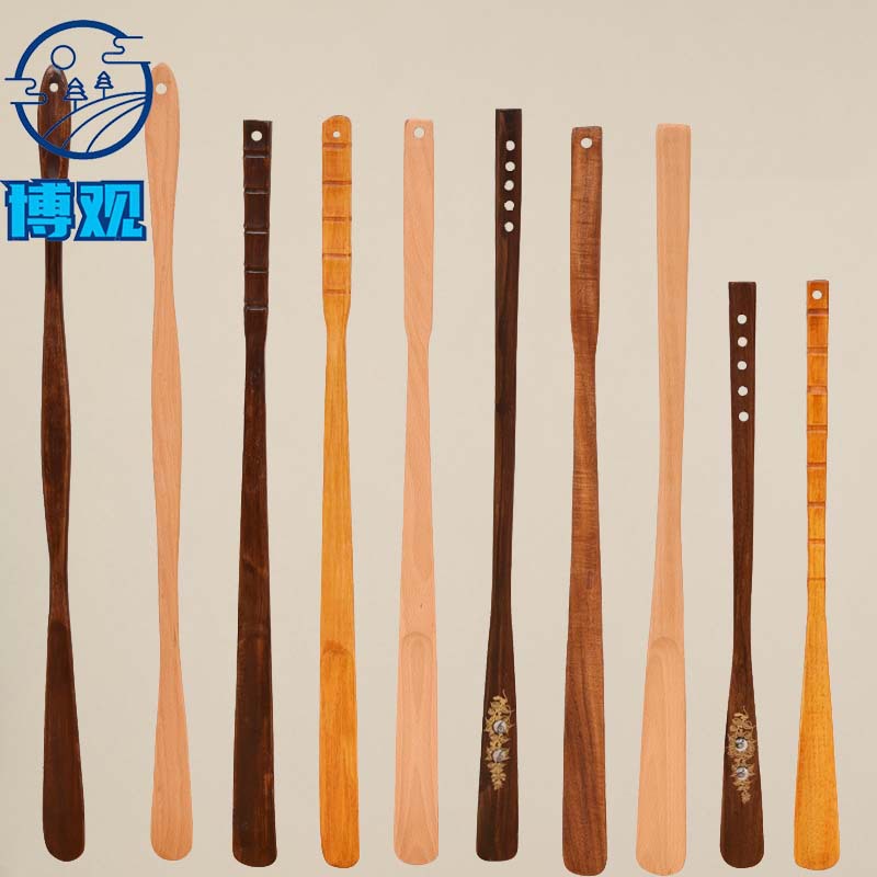 Wooden shoehorn, extended shoe horn, lazy person pregnant woman elderly shoe helper, household long-handled inlaid shell shoe horn