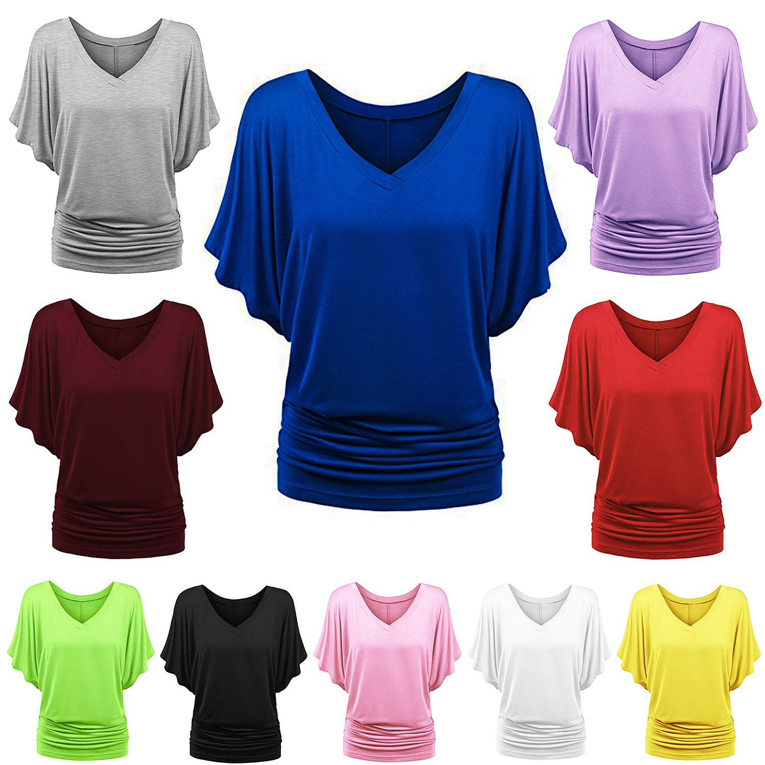 Plus Size Loose Batwing Sleeve V-Neck Short Sleeve T-Shirt Top Summer Plus Size Batwing Sleeve Top