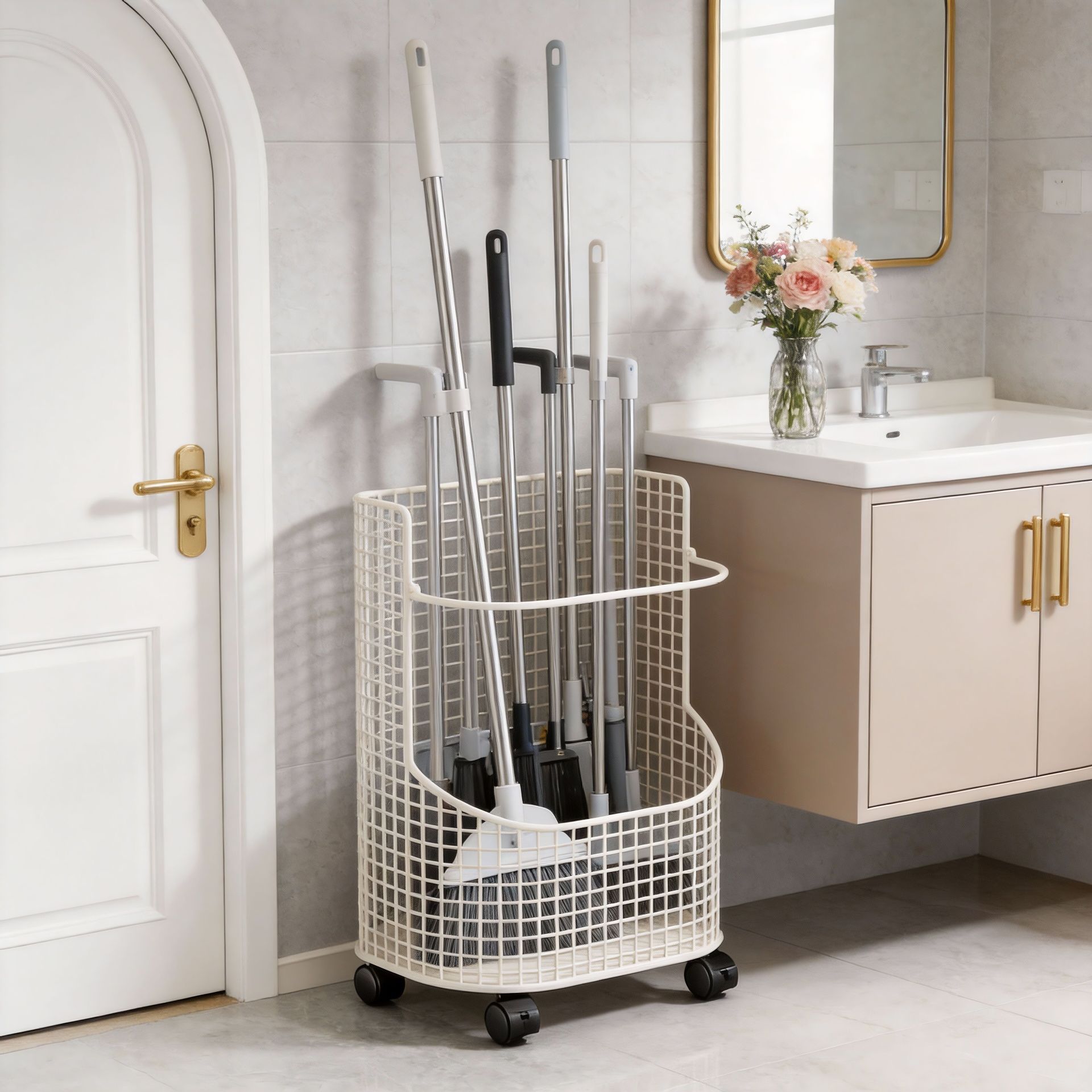 Cleaning Tool Storage Basket, Bathroom Storage Rack, Large Capacity Floor-standing Mop Broom Tool Storage