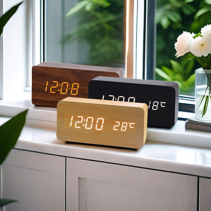 LED Wooden Clock Electronic Clock Wooden Digital Clock Voice Control Thermometer Electronic Alarm Clock