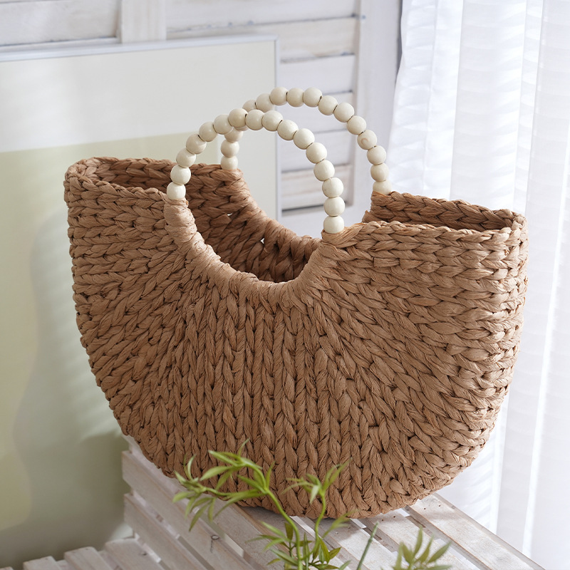 Handbag New Straw Bag Round Bead Handle Summer Woven Women's Bag Large Capacity Beach Handmade Vacation Bag