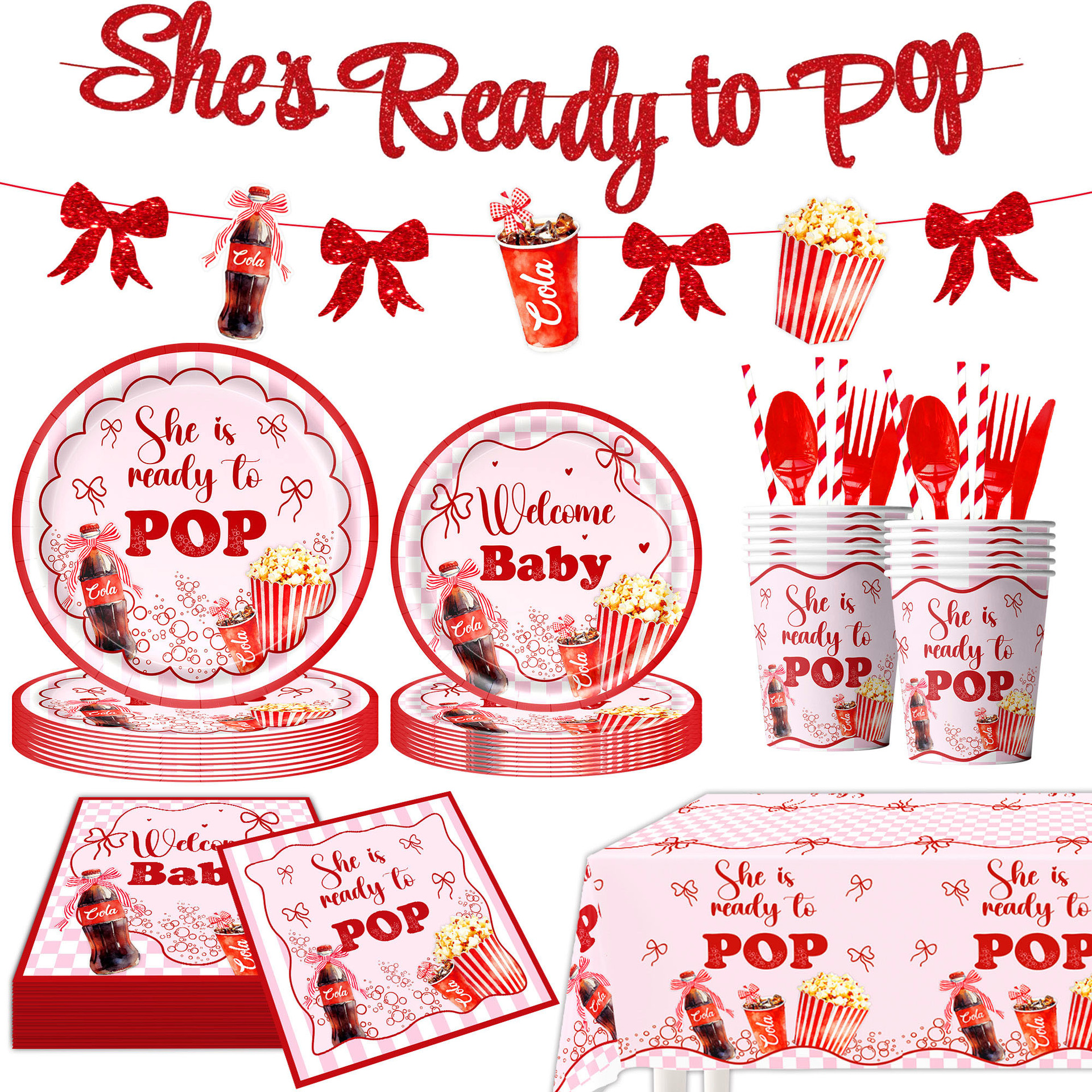 New Baby Shower Cola Popcorn Christening Theme Party Tableware Paper Plate Bunting Flag Tablecloth Decoration