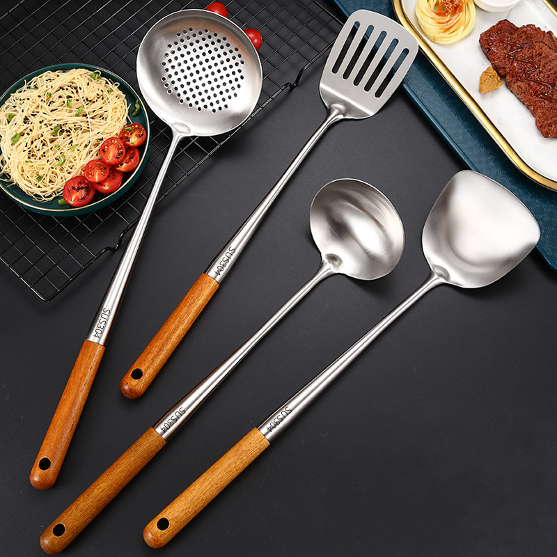 Extended 304 stainless steel spatula wok spatula kitchen supplies household high temperature resistant wok spoon kitchenware set large size