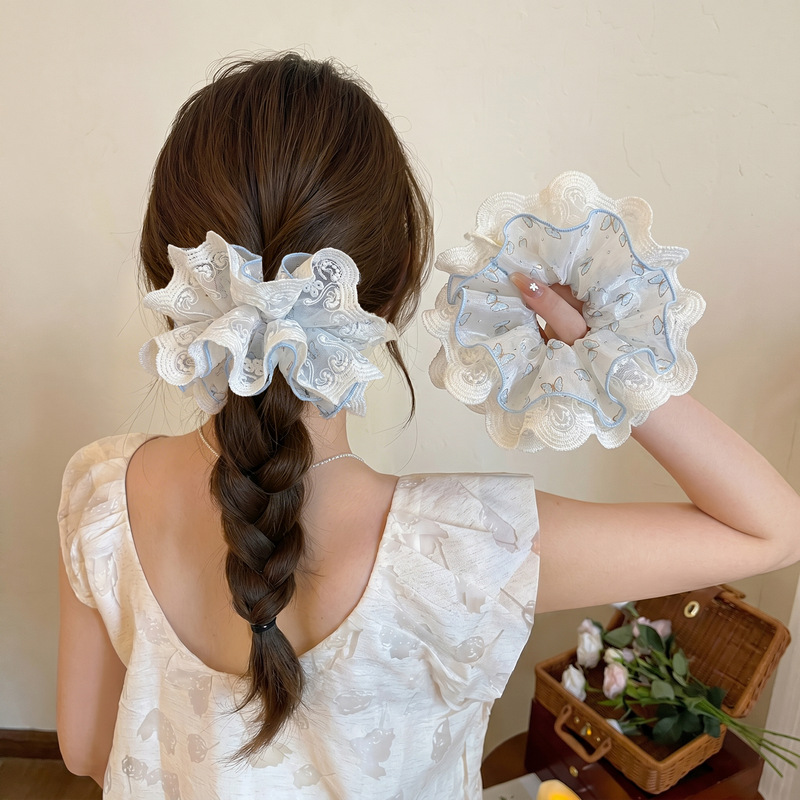 Blue butterfly lace double layer large hair scrunchie for women ponytail bun hair tie head accessory head flower
