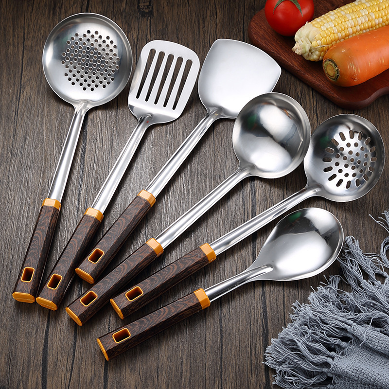 Stainless steel thickened wok spatula soup spoon home kitchen chef cooking anti-scald wok spatula wood grain handle set
