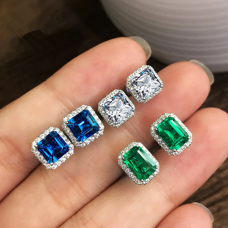 Cao Shi Delicate Square Women's Earrings Full Diamond Green Zircon Earring Jewelry