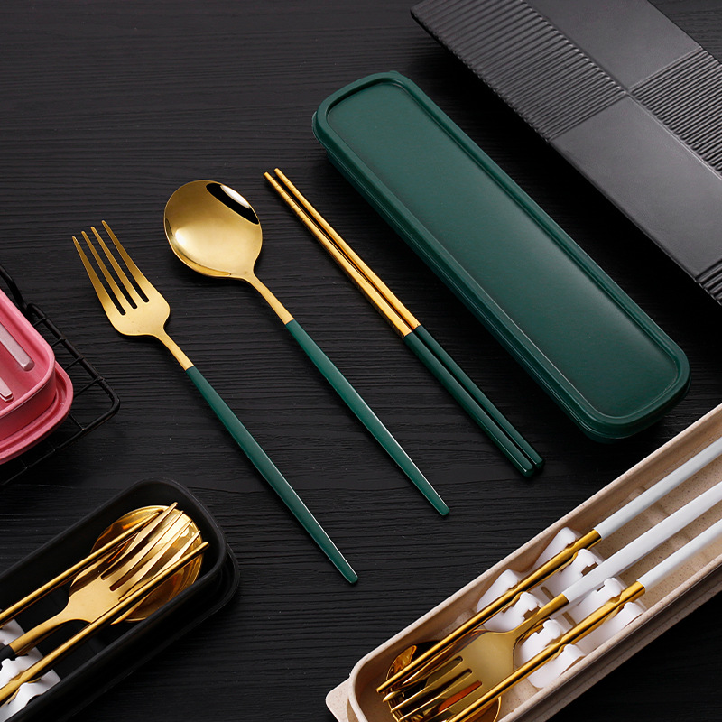 Stainless steel cutlery set Portugal fork spoon chopsticks set three-piece student portable cutlery set