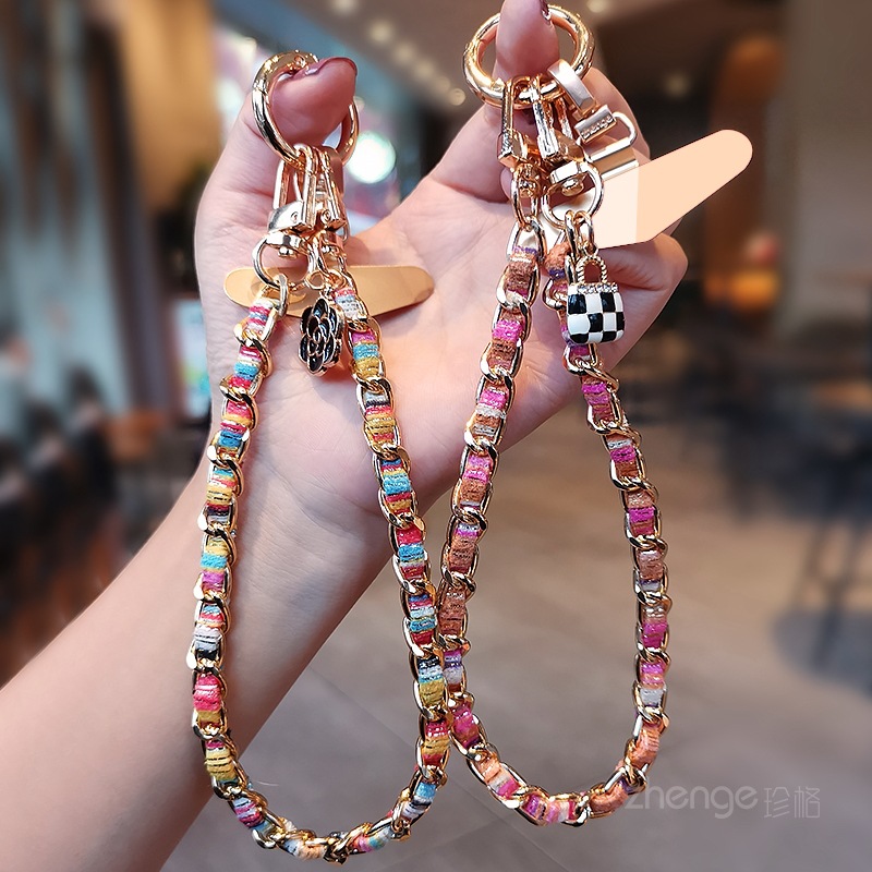 Mobile phone lanyard small fragrance camellia tag pendant phone chain wrist hanging decoration short metal chain