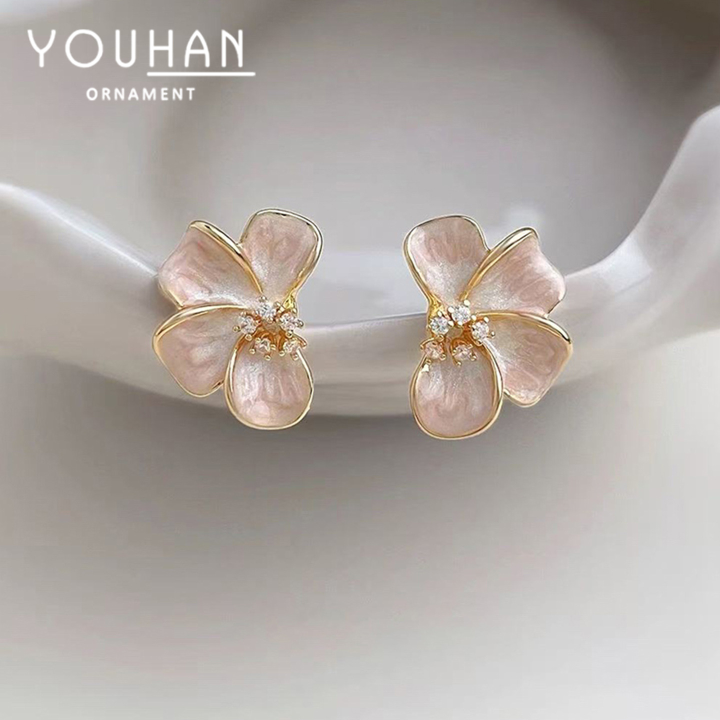 Spring and summer new pink enamel flower earrings pure silver needle unique earrings women niche ear accessories