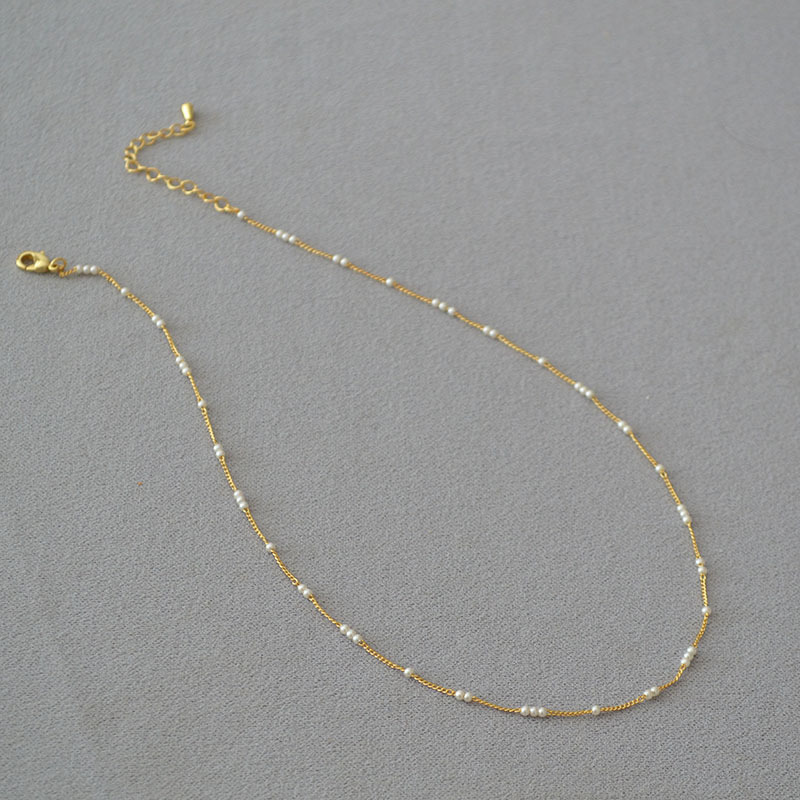 Simple mini baby small pearl spaced brass gold-plated elegant ultra-fine necklace锁骨链