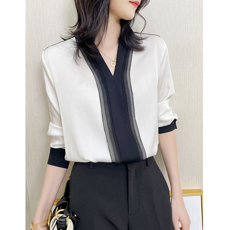 2026 Early Autumn S618 Heavyweight Mulberry Silk Shirt Top Women Long Sleeve V-Neck Black and White Contrast