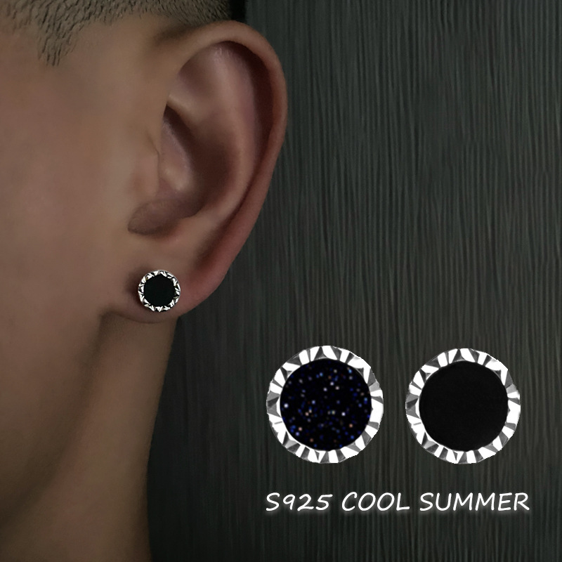 Silver plated earrings for men, natural black agate inlaid silver couple s925 silver feeling women's earrings