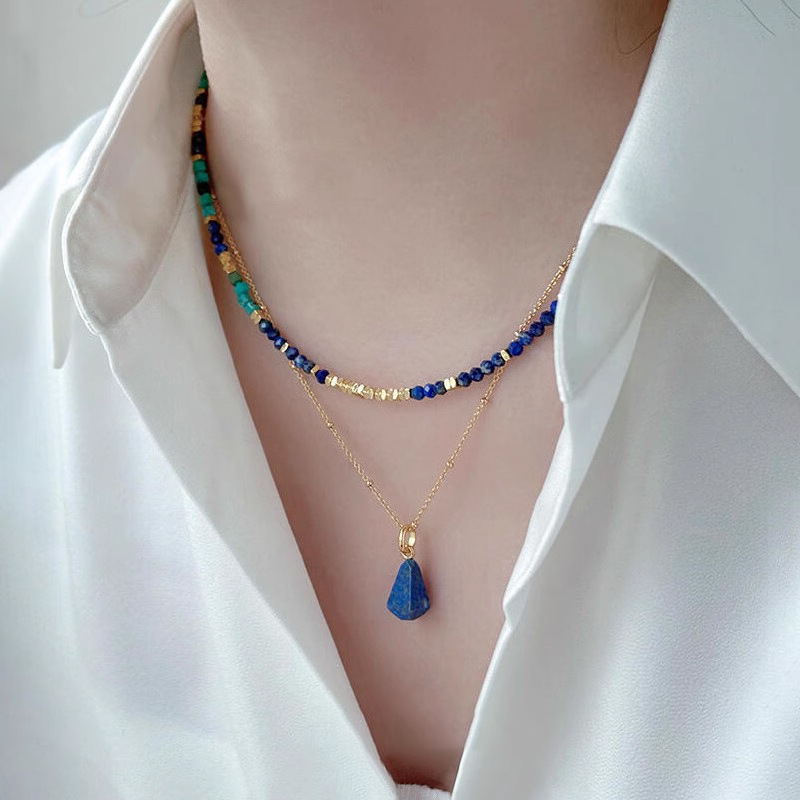 Natural royal lapis lazuli necklace turquoise sugar cube broken silver锁骨链 new Chinese style multi-purpose pendant niche women