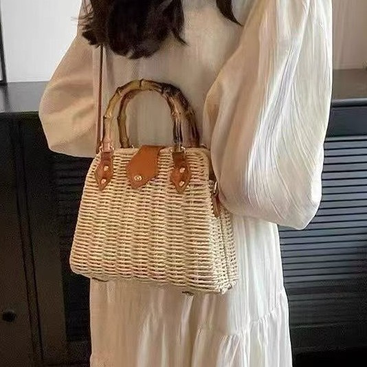 Pastoral style straw bag new shoulder hand two-use bamboo handle women's commuting woven bag