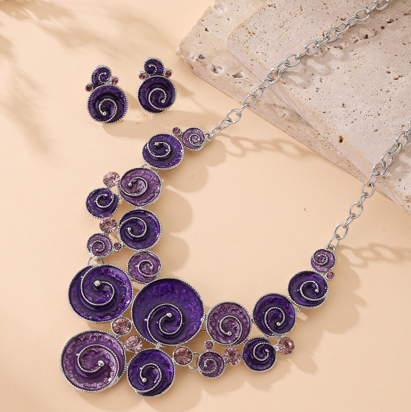 A422 Silver Accessories Enamel Color Swirl Necklace Mixed Batch Oil Drop Exaggerated Necklace Earring Set