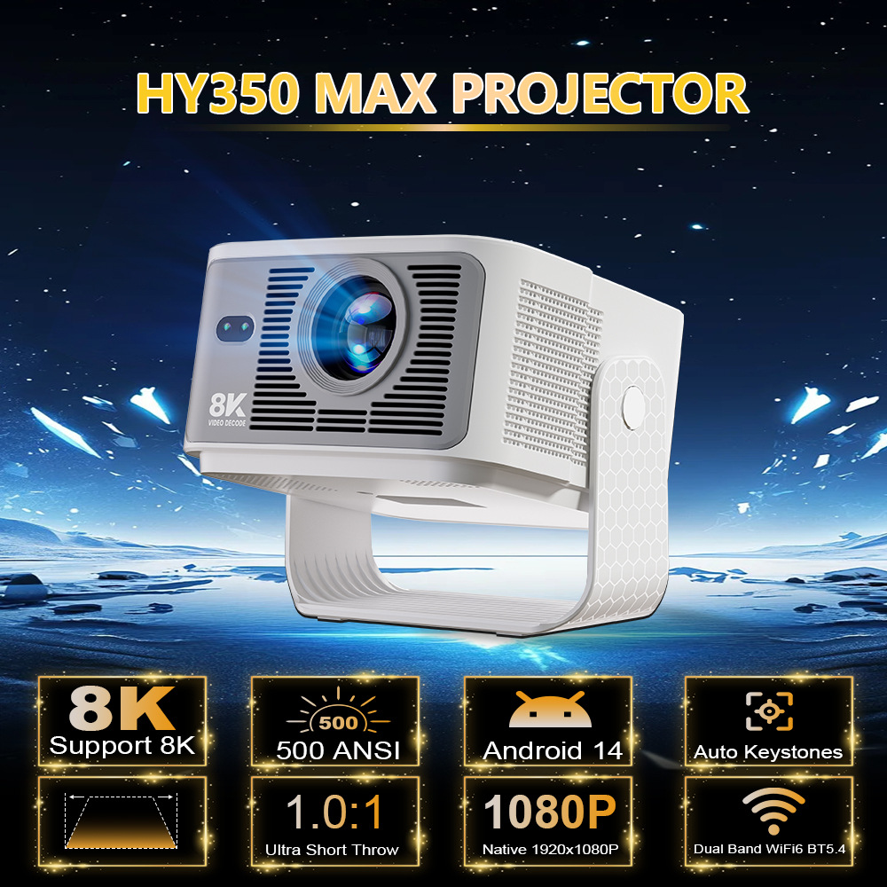 New HY350Max Projector 650ANSI Bright Smart Android Home 8K HD Wireless Projector