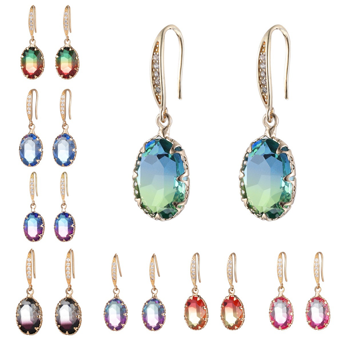 Geometric Jewelry Dazzling Oval Gemstone Earrings Ear Cuff Set with Zircon Super Fairy Tourmaline Earrings