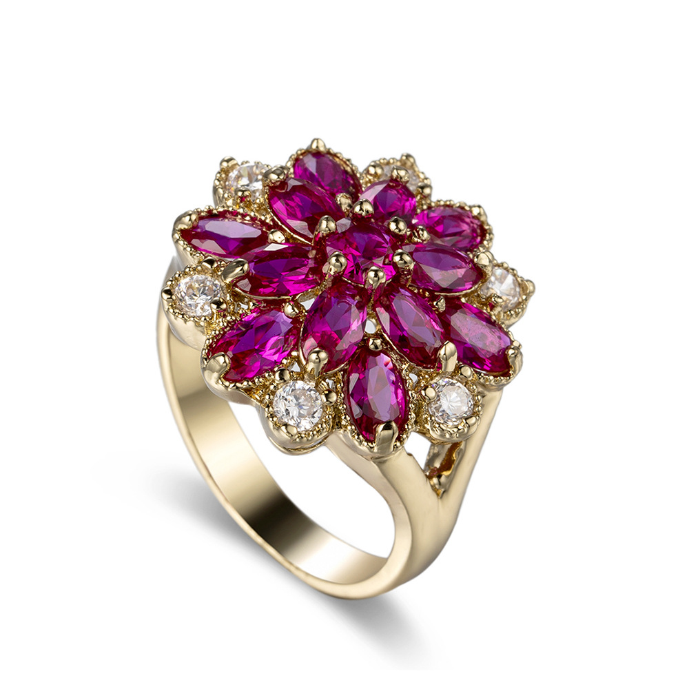 Copper Plated Real Gold Red Corundum Large Flower Ring Women's Zircon Jewelry