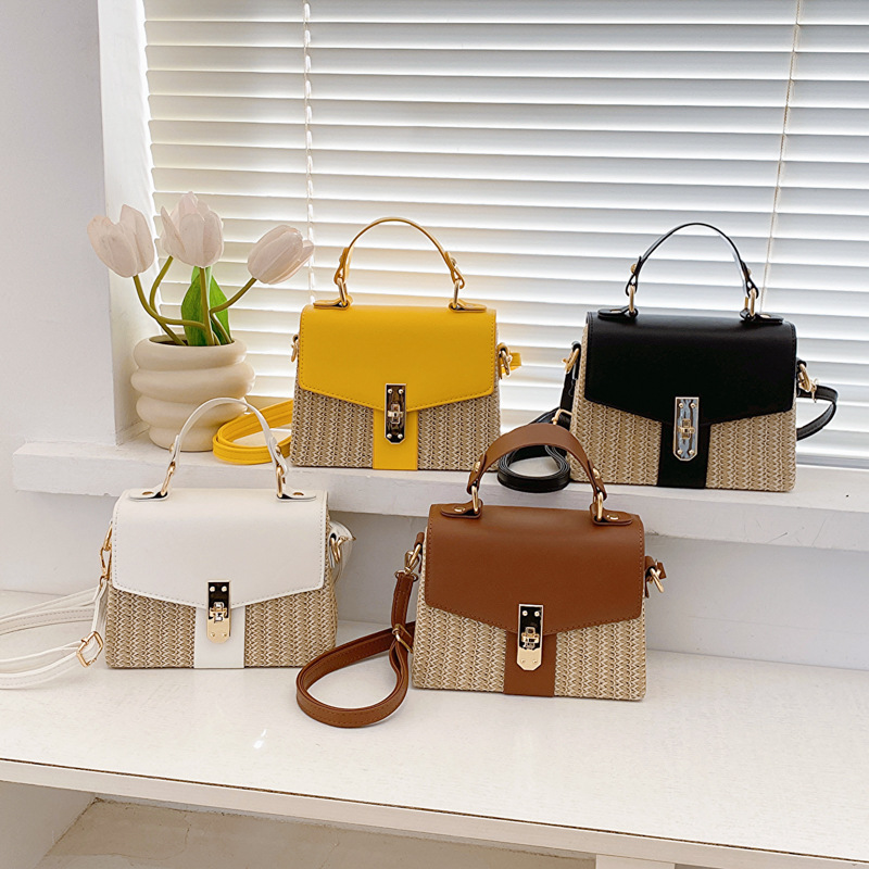 New Patchwork Flip Lid Box Straw Bag Beach Vacation Turn-Lock Woven Hard Shell Handbag Crossbody Bag for Women