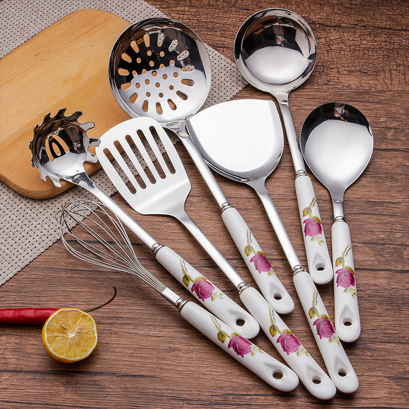 Ceramic handle stainless steel spatula kitchenware set, spatula, soup spoon, anti-slip, high temperature resistant, anti-scald, kitchen, home, hotel