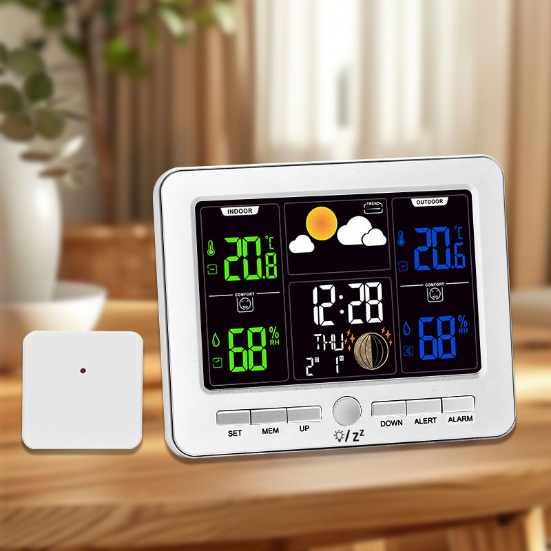 Color Screen Weather Clock Indoor Outdoor Temperature Humidity Meter Weather Alarm Clock Digital Weather Station Clock Home Wall Clock