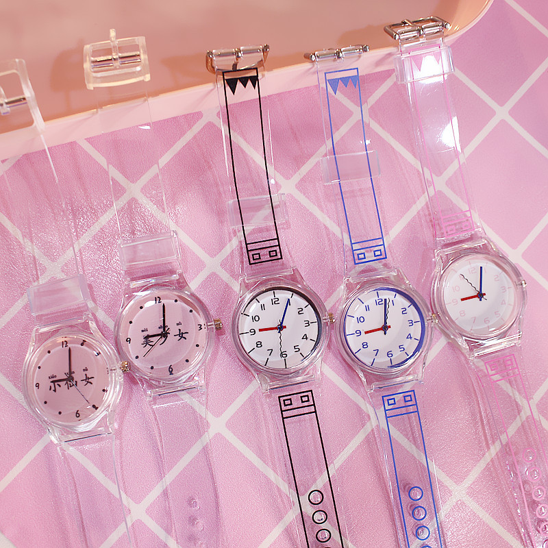 Simple transparent watch pink text element fresh and clean casual student wristwatch