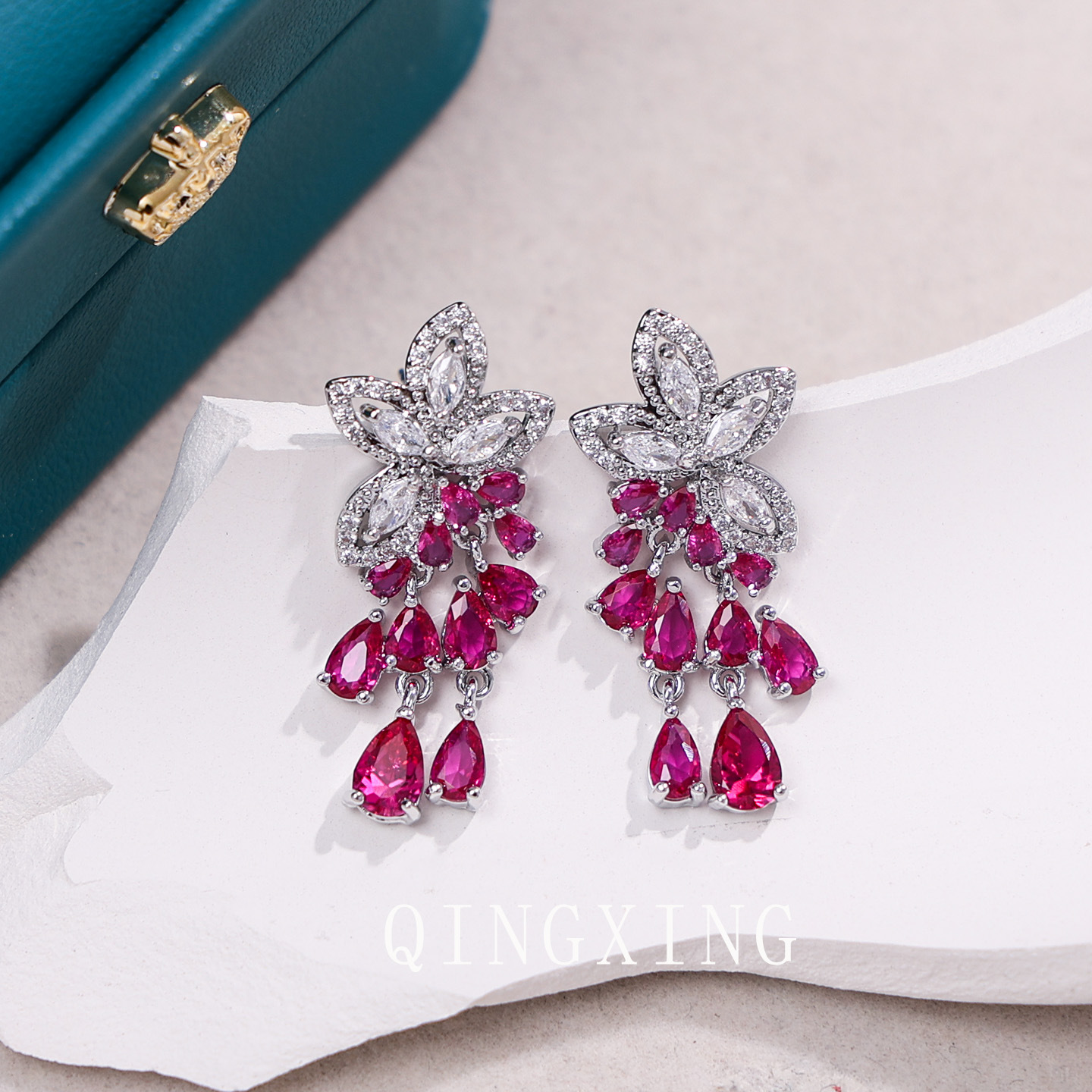 Red Corundum Tassel Earrings Heavy Craft Full Diamond Flower Earrings Banquet Dress Earrings Women's