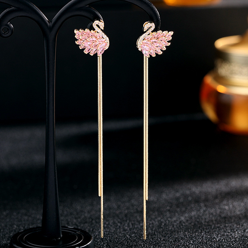 Korean-Japanese Two-Way Wear Tassel Swan Earrings 2024 New Black Swan Earrings 925 Silver Needle Long Earrings