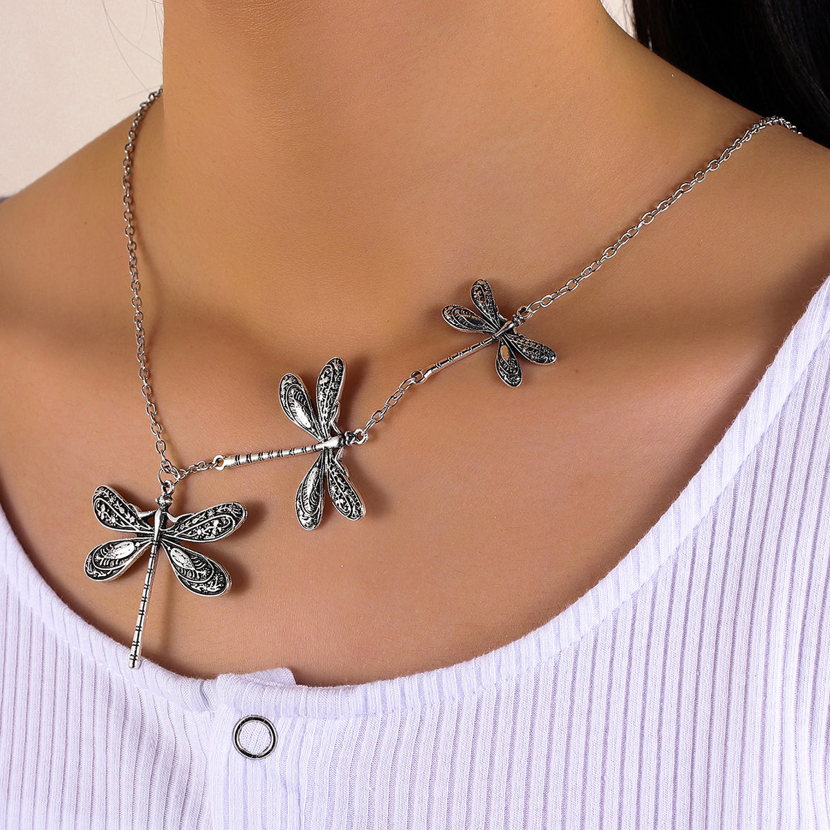 New Carved Tribal Pattern Dragonfly Pendant Asymmetric Dragonfly Sweater Chain