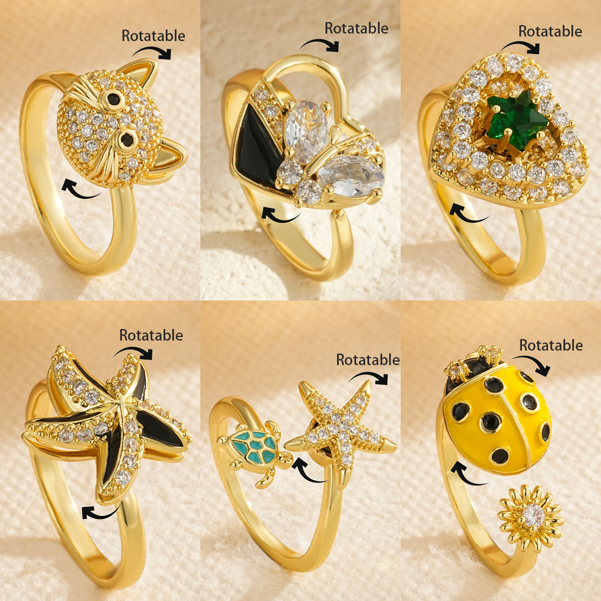 Rotating Stress-Relief Open Ring Jewelry Copper Set with Zircon Starfish Turtle Ladybug Heart Jewelry