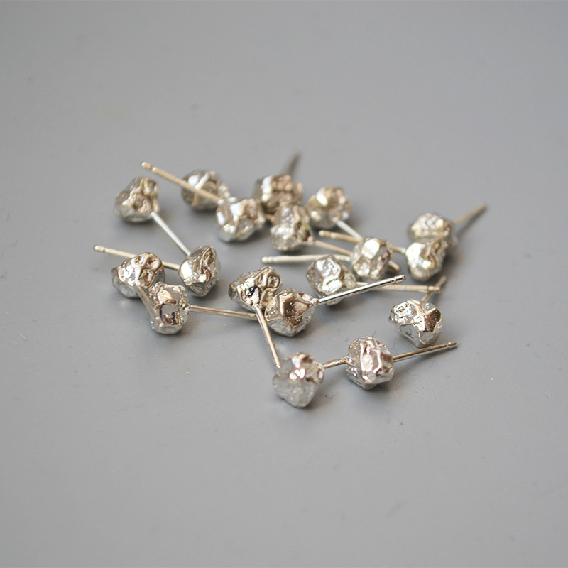 Textured irregular silver imitation volcanic lava rock stone 925 silver pin ear studs for women