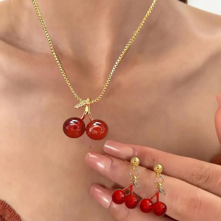New rhinestone red cherry pendant earrings ear studs whitening ear accessories