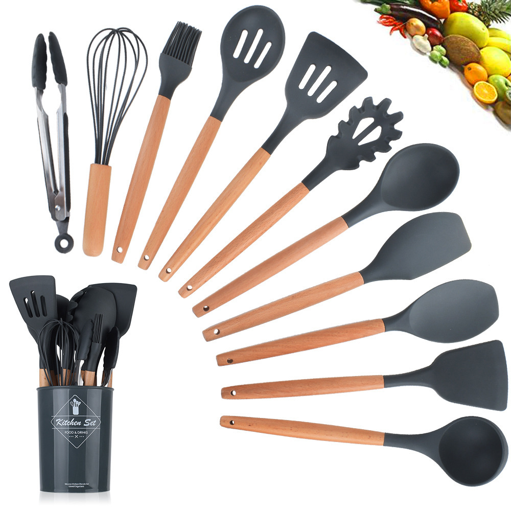Wood Handle Silicone Kitchenware 11-Piece Set Nine-Piece Kitchen Tool Spatula Spoon Set