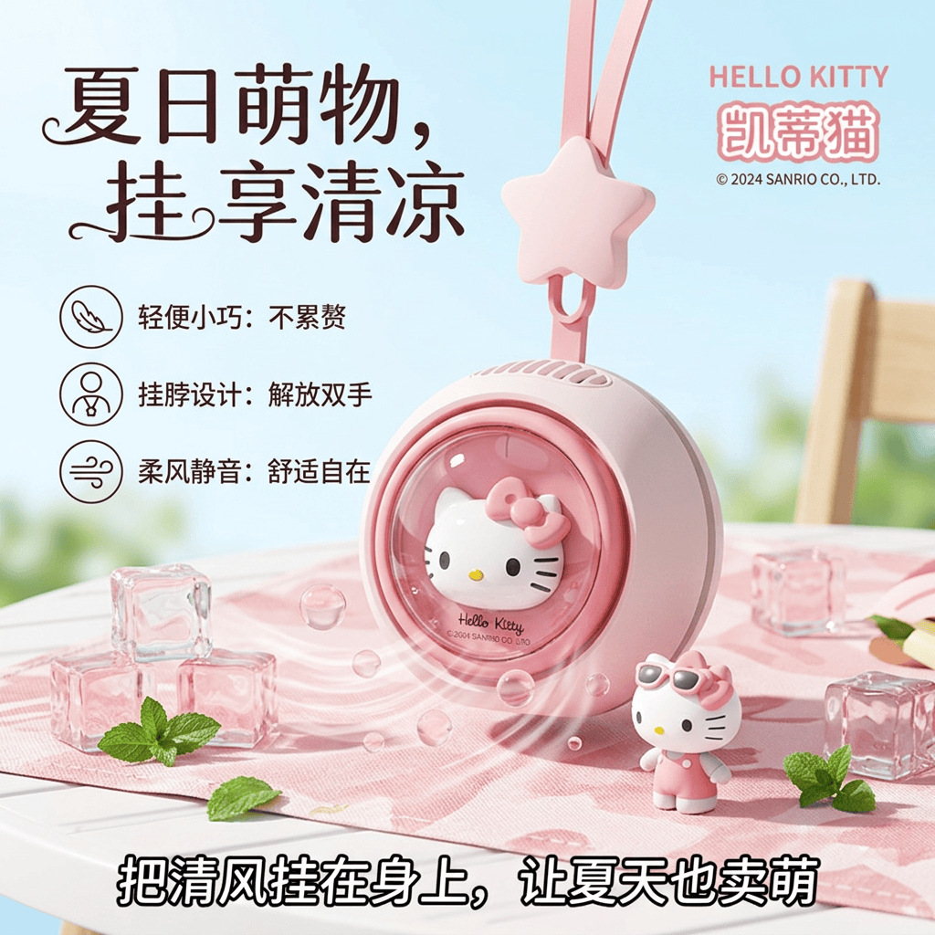 Sanrio Hello Kitty Neck Hanging Small Fan Sanrio Kuromi Children's Bladeless Quiet Long Battery Life Birthday