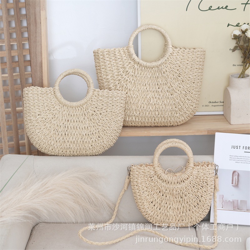 Small round bucket paper rope half-round bucket handbag, women's woven bag, beach bag, straw bag, vacation bag, straw woven bag, basket bag