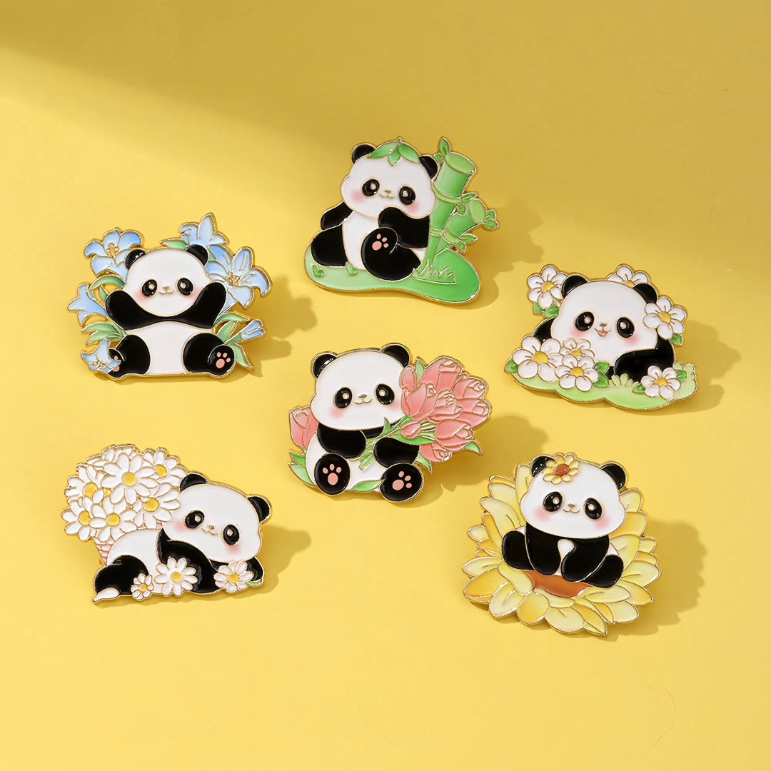 Panda Bouquet Badge Cute Cartoon Animal Flower Chengdu Tourist Gift Brooch Clothing Hat Accessory