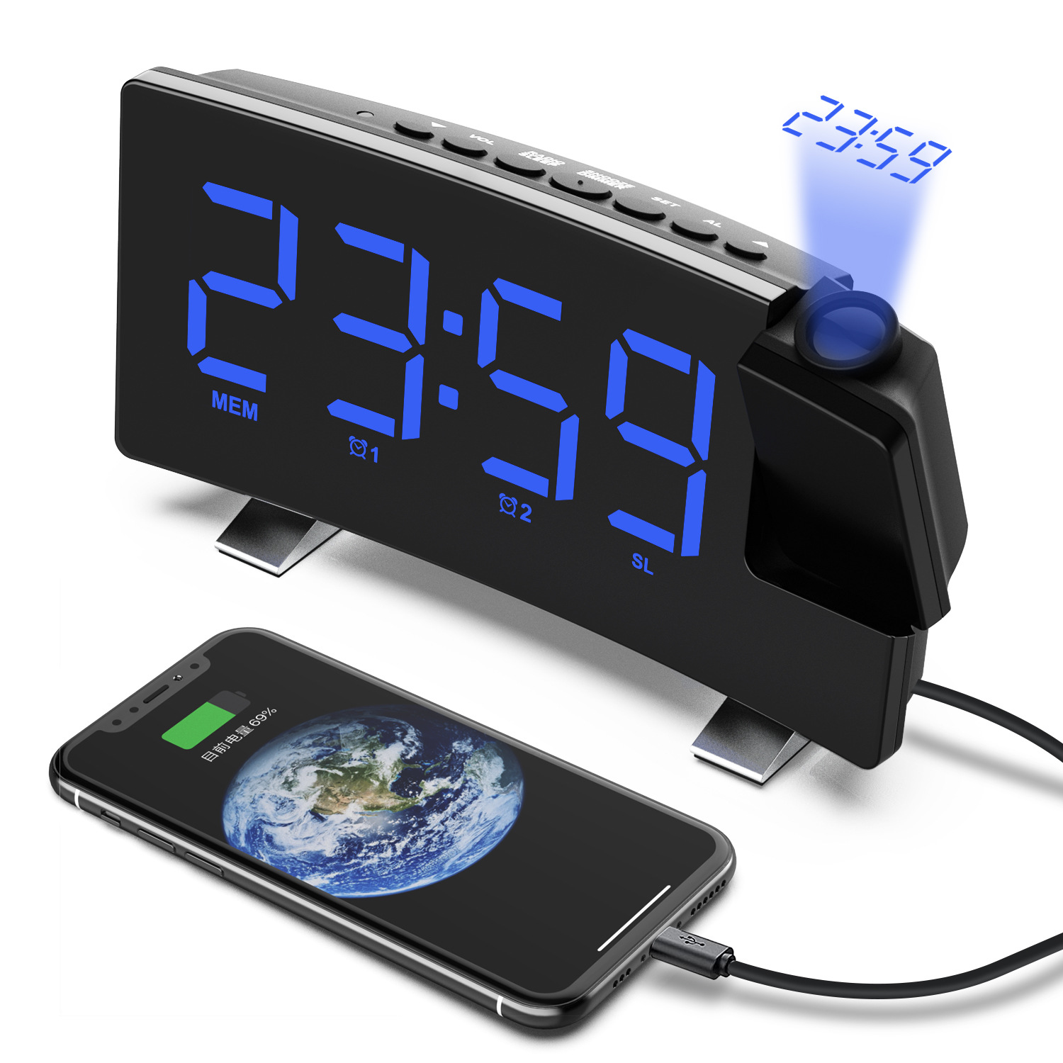 New Radio Alarm Clock USB Charging Always-On Projection Clock Curved Large Screen Desk Clock