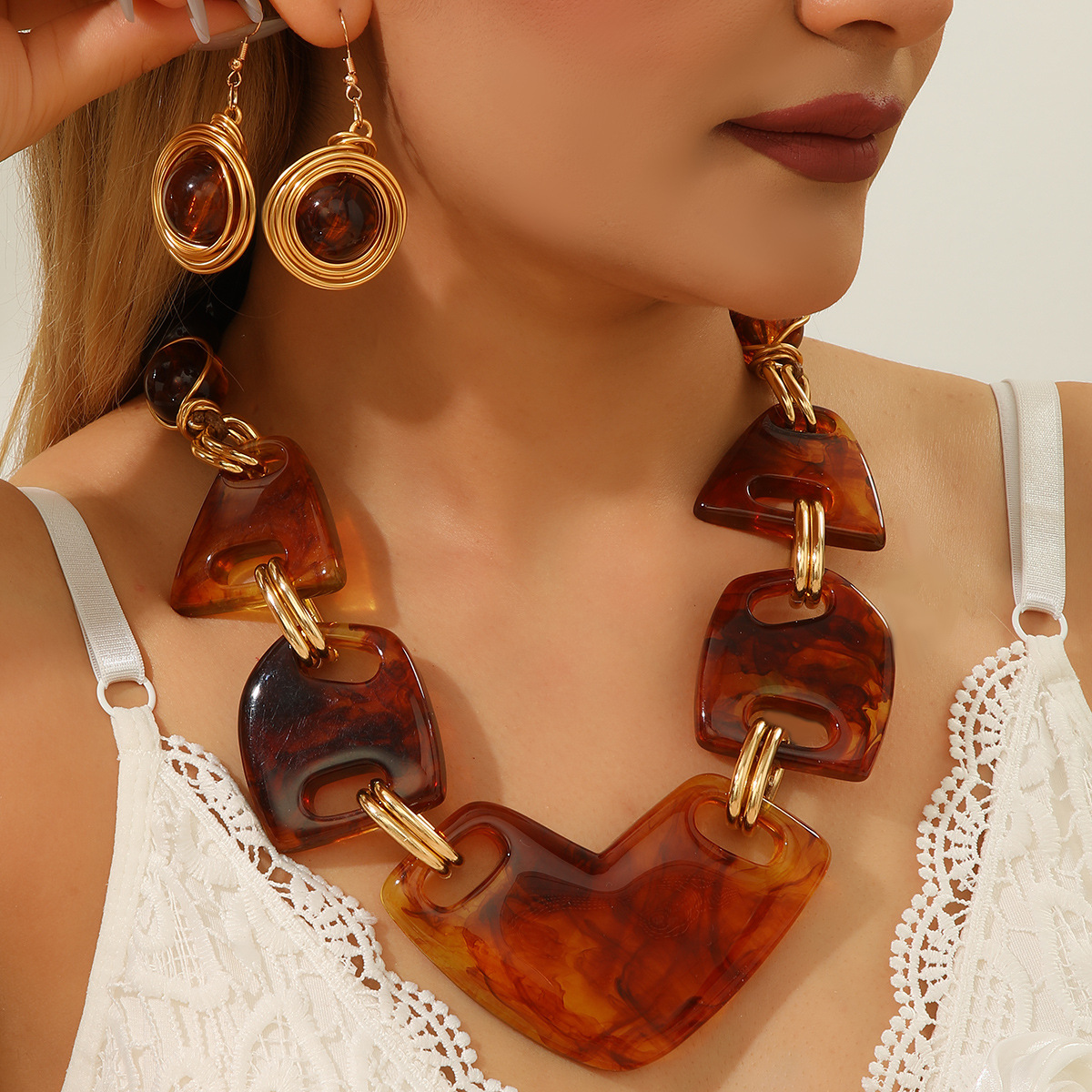 Resin imitation gemstone spliced necklace and earring set exaggerated accessories necklace women