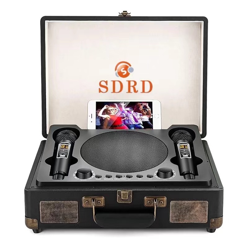 SD2109 Portable Bluetooth Speaker with Wireless Dual Mic Karaoke Machine Outdoor Home KTV Wooden Box