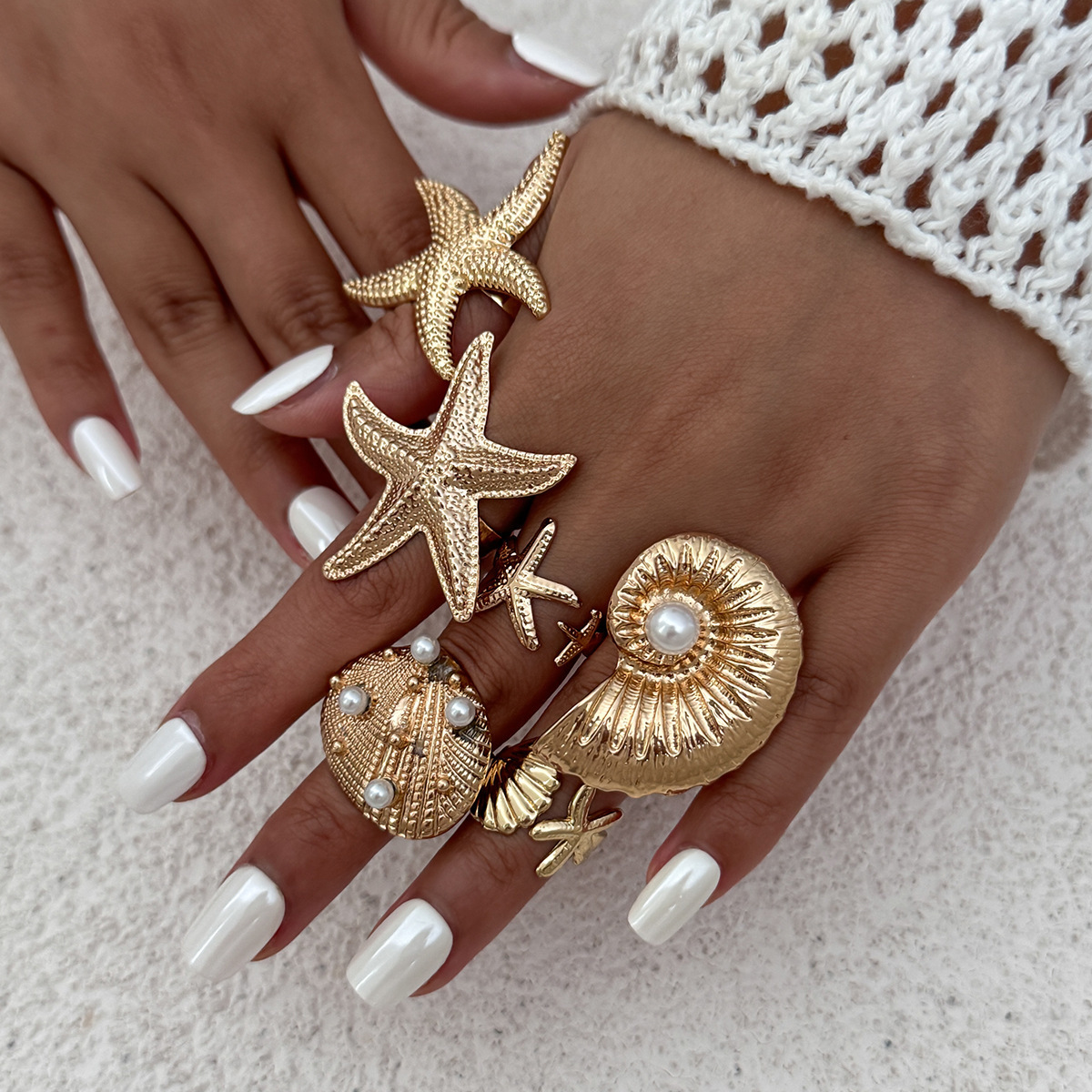 Starfish Shell Open Ring Set Women Ocean Style 6-Piece Set Pearl Adjustable Ring
