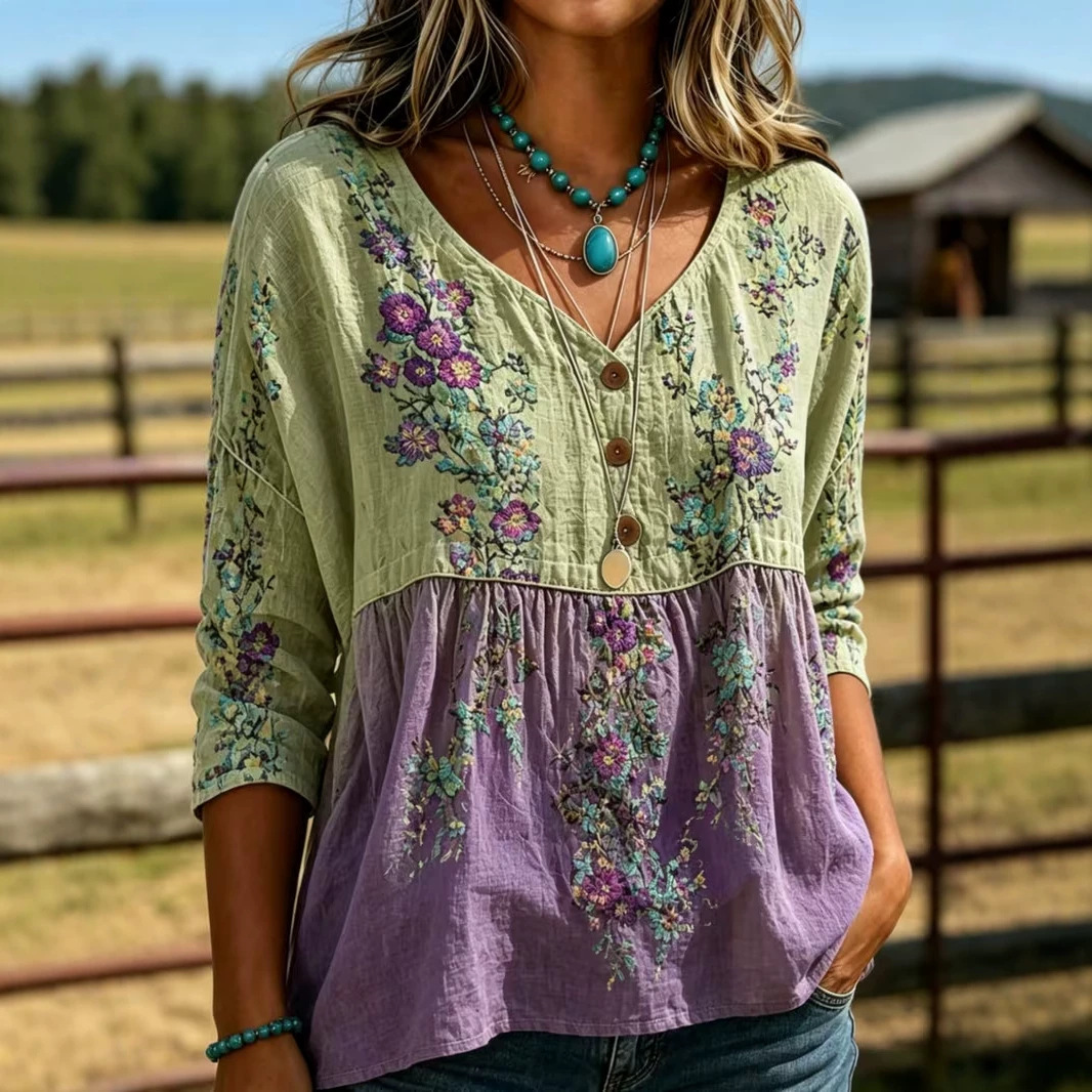 2026 Independent Station Summer Women's Button Ethnic Floral Print Three-Quarter Sleeve Shirt