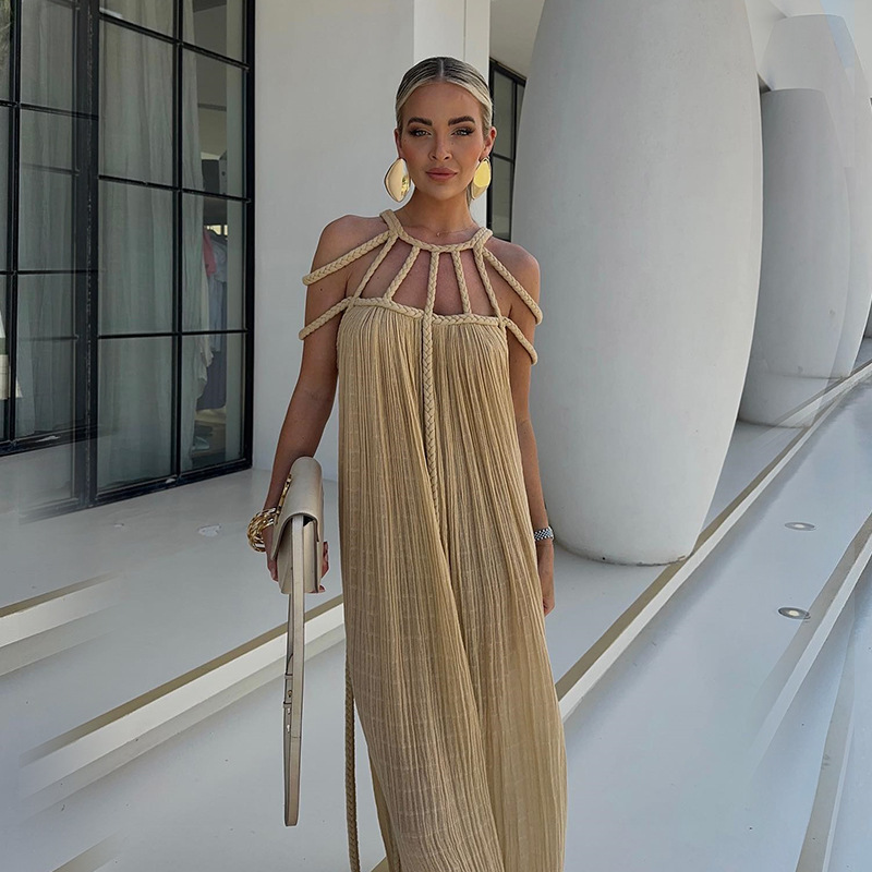 2024 New Spring Women Long Dress Tie Strap Off Shoulder Sexy Halter Loose Vacation Beach Dress