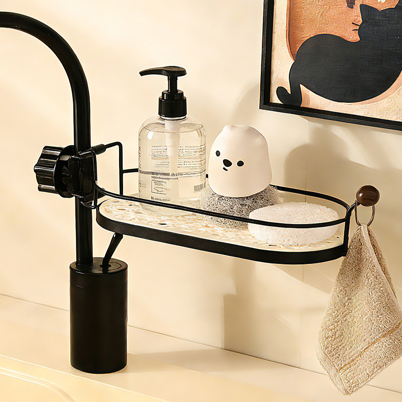 Kitchen Faucet Storage Rack No-Drill Sink Dishcloth Dish Soap Sponge Drip Hanging Basket Storage Rack