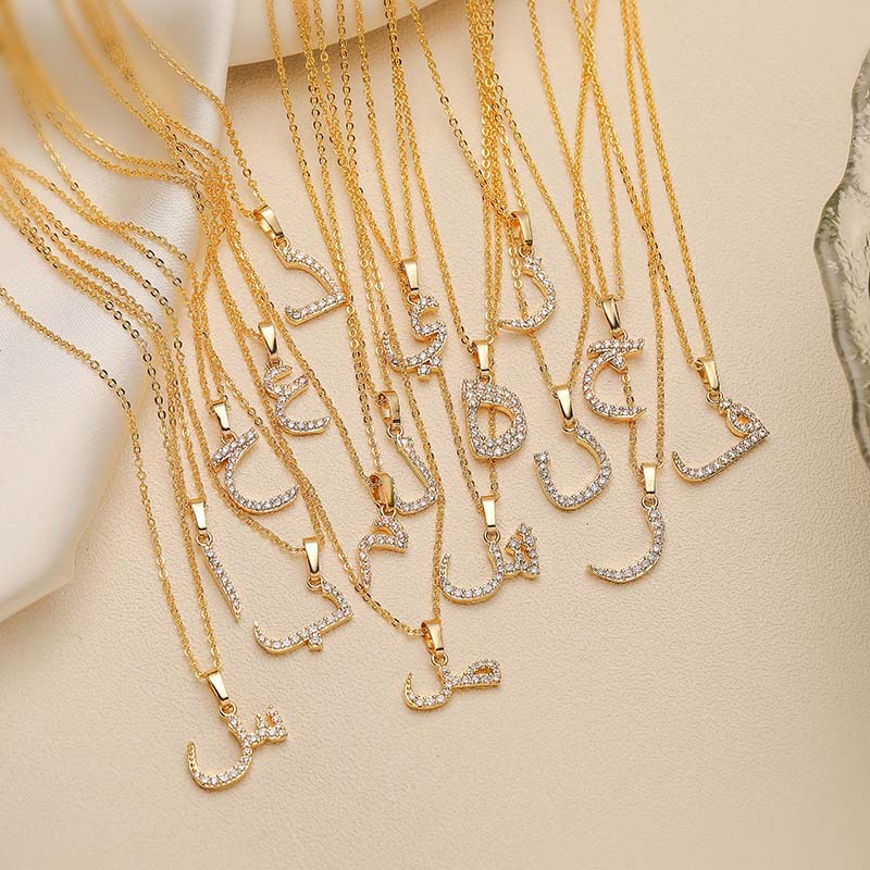 HECHENG Jewelry Copper Inlaid Zircon Arabic Letter Pendant Necklace Hip Hop Letter Choker